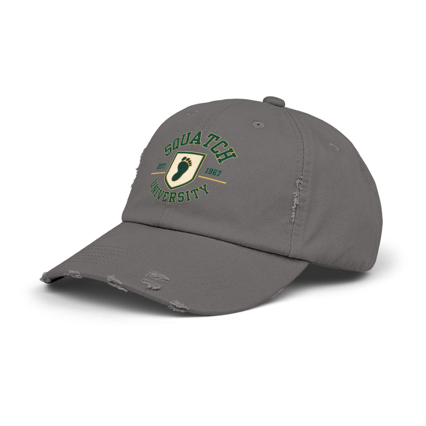 Squatch University cap | distressed dad hat, Bigfoot foot emblem
