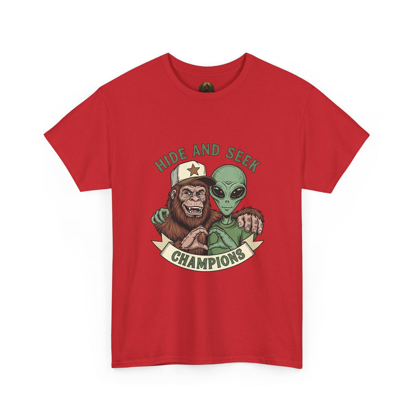 Hide and Seek Champions , Alien and Sasquatch tshirt