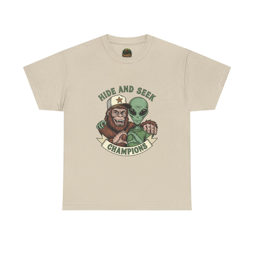 Hide and Seek Champions , Alien and Sasquatch tshirt