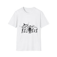 Believe Sasquatch T-Shirt | Bigfoot Mountain Silhouette, Wilderness Theme