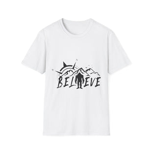 Believe Sasquatch T-Shirt | Bigfoot Mountain Silhouette, Wilderness Theme