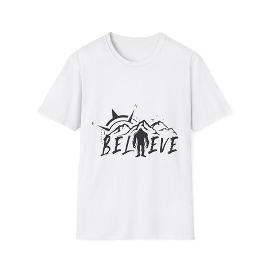 Believe Sasquatch T-Shirt | Bigfoot Mountain Silhouette, Wilderness Theme