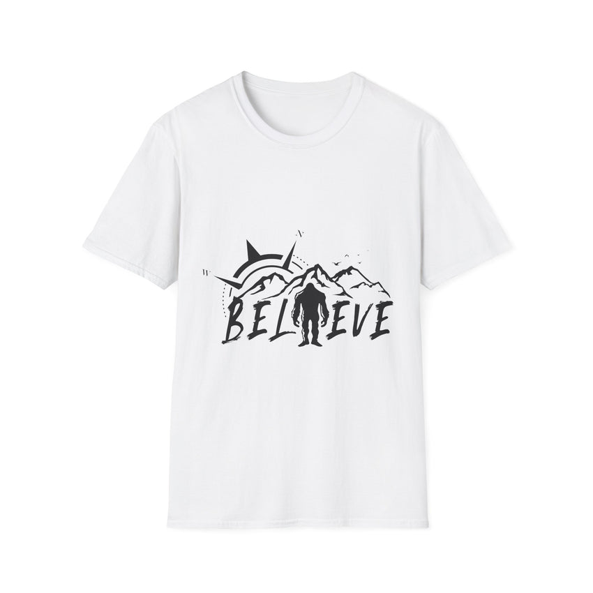 Believe Sasquatch T-Shirt | Bigfoot Mountain Silhouette, Wilderness Theme