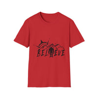 Believe Sasquatch T-Shirt | Bigfoot Mountain Silhouette, Wilderness Theme