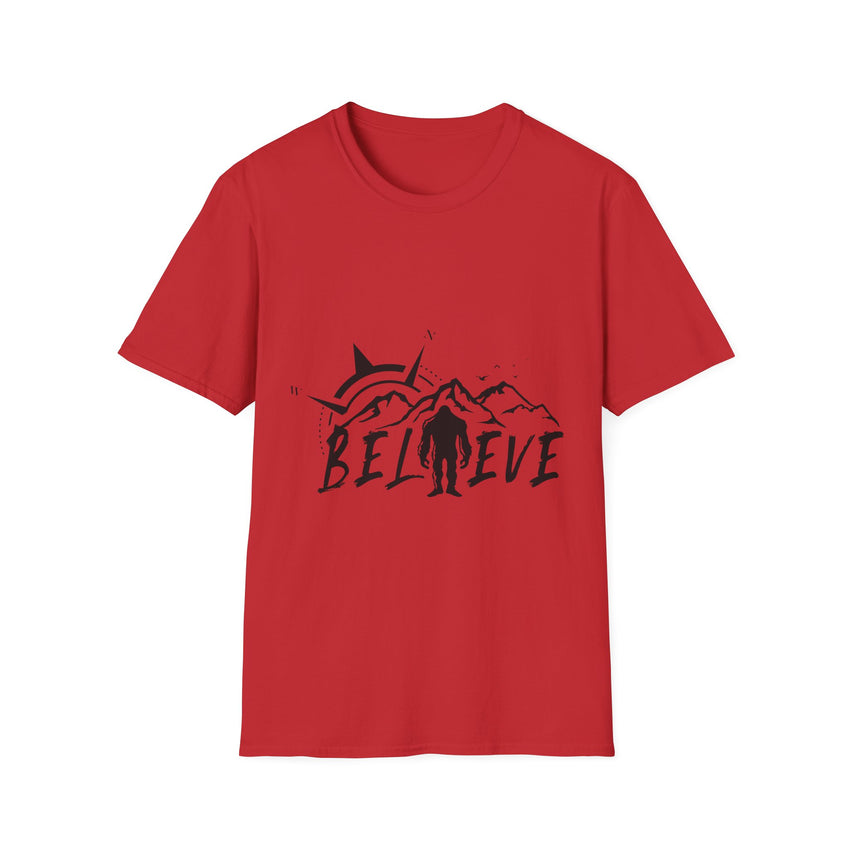Believe Sasquatch T-Shirt | Bigfoot Mountain Silhouette, Wilderness Theme