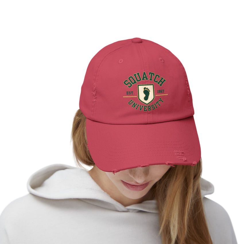 Squatch University cap | distressed dad hat, Bigfoot foot emblem