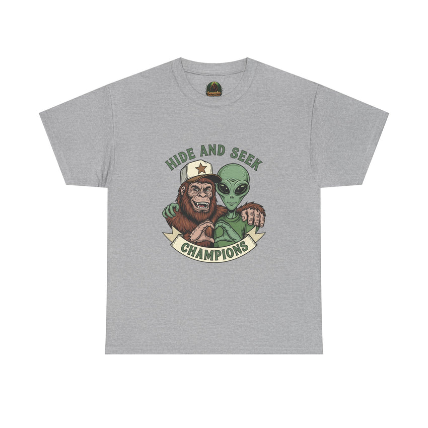 Hide and Seek Champions , Alien and Sasquatch tshirt