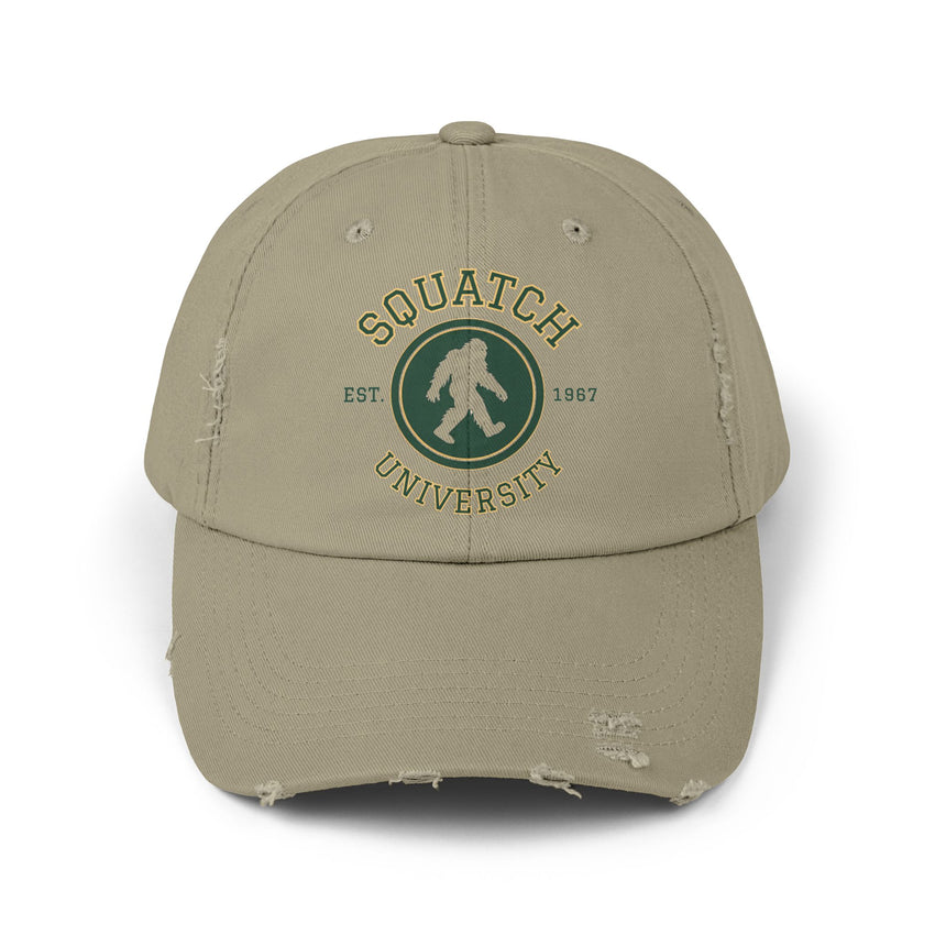 Squatch University cap | Sasquatch logo distressed hat, Bigfoot college emblem cap