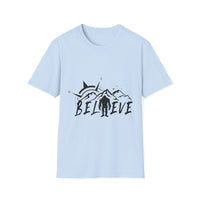 Believe Sasquatch T-Shirt | Bigfoot Mountain Silhouette, Wilderness Theme
