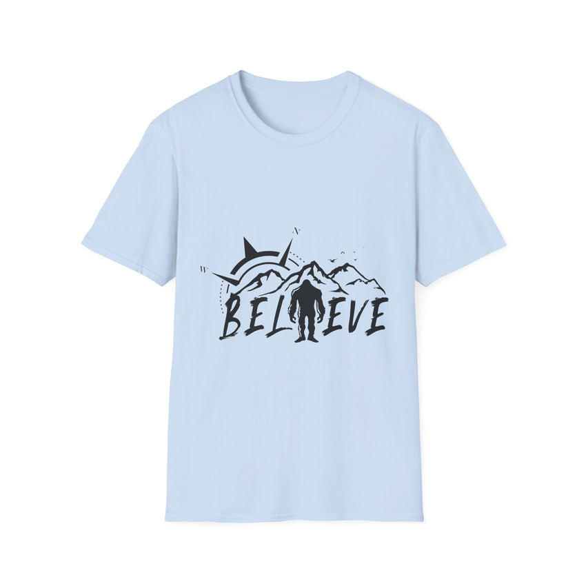 Believe Sasquatch T-Shirt | Bigfoot Mountain Silhouette, Wilderness Theme