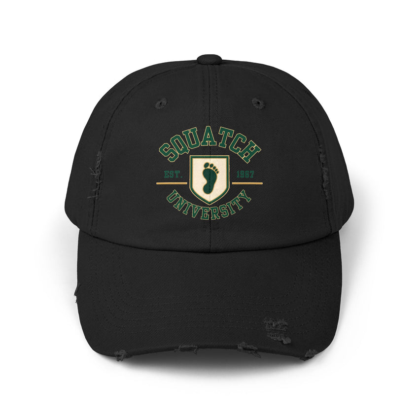 Squatch University cap | distressed dad hat, Bigfoot foot emblem