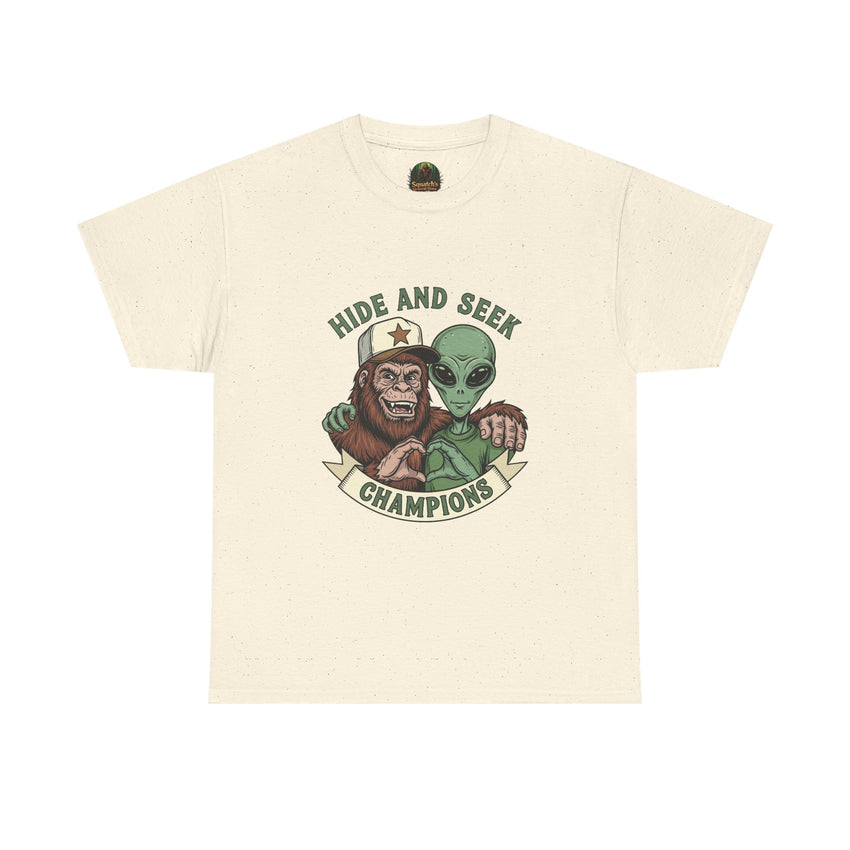 Hide and Seek Champions , Alien and Sasquatch tshirt