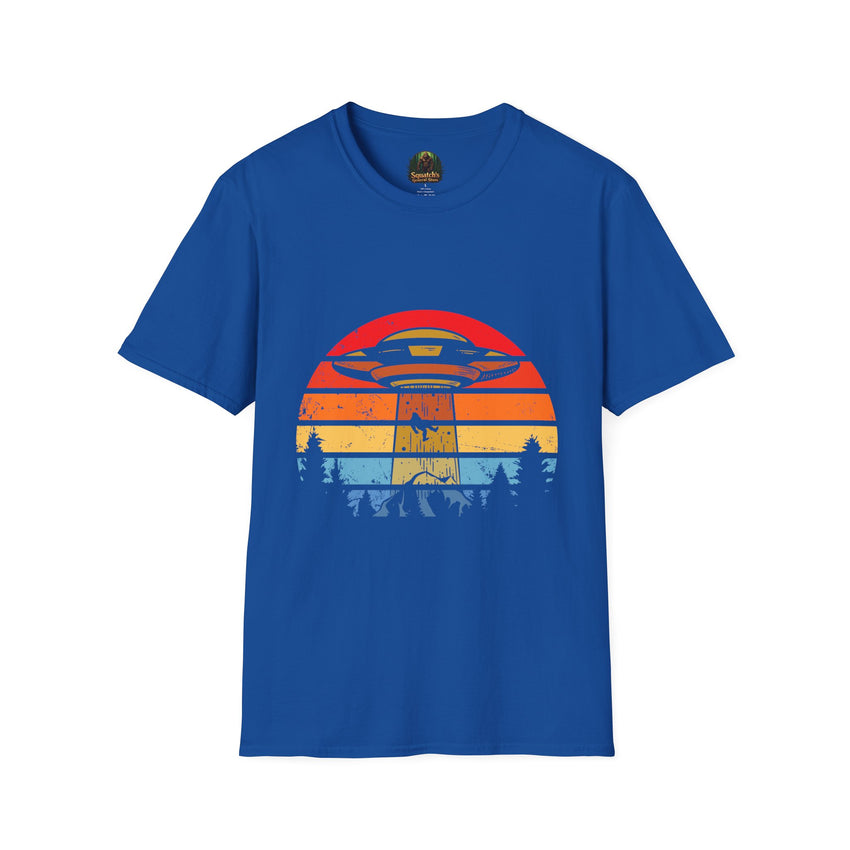 UFO Abduction Sunset T-Shirt | Retro Alien Spaceship Forest Silhouette