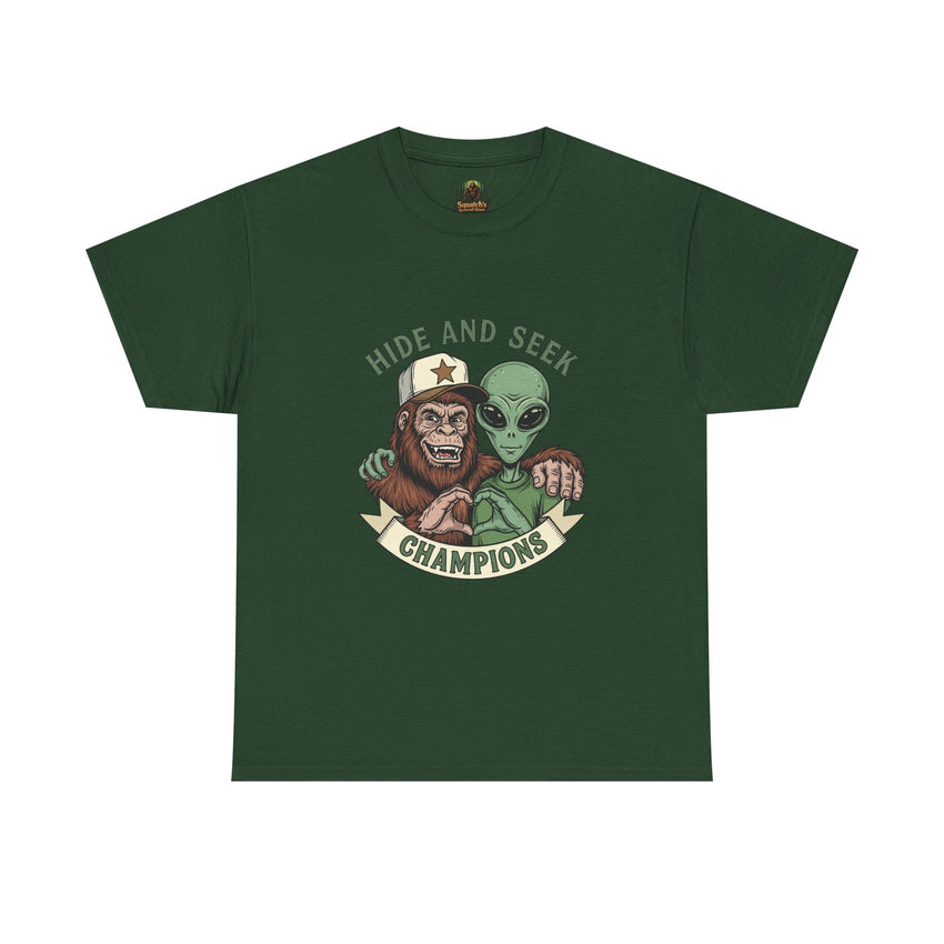 Hide and Seek Champions , Alien and Sasquatch tshirt