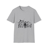 Believe Sasquatch T-Shirt | Bigfoot Mountain Silhouette, Wilderness Theme