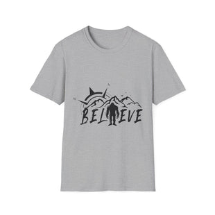 Believe Sasquatch T-Shirt | Bigfoot Mountain Silhouette, Wilderness Theme