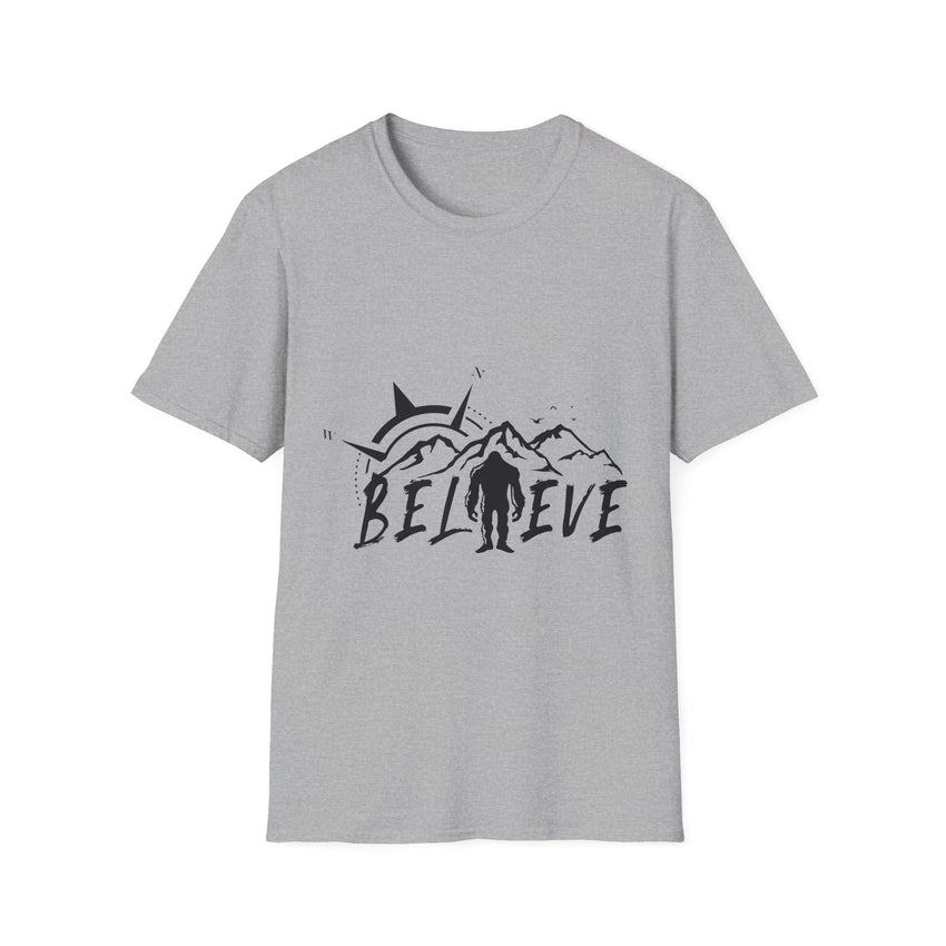 Believe Sasquatch T-Shirt | Bigfoot Mountain Silhouette, Wilderness Theme