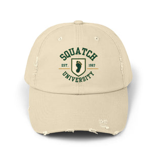 Squatch University cap | distressed dad hat, Bigfoot foot emblem