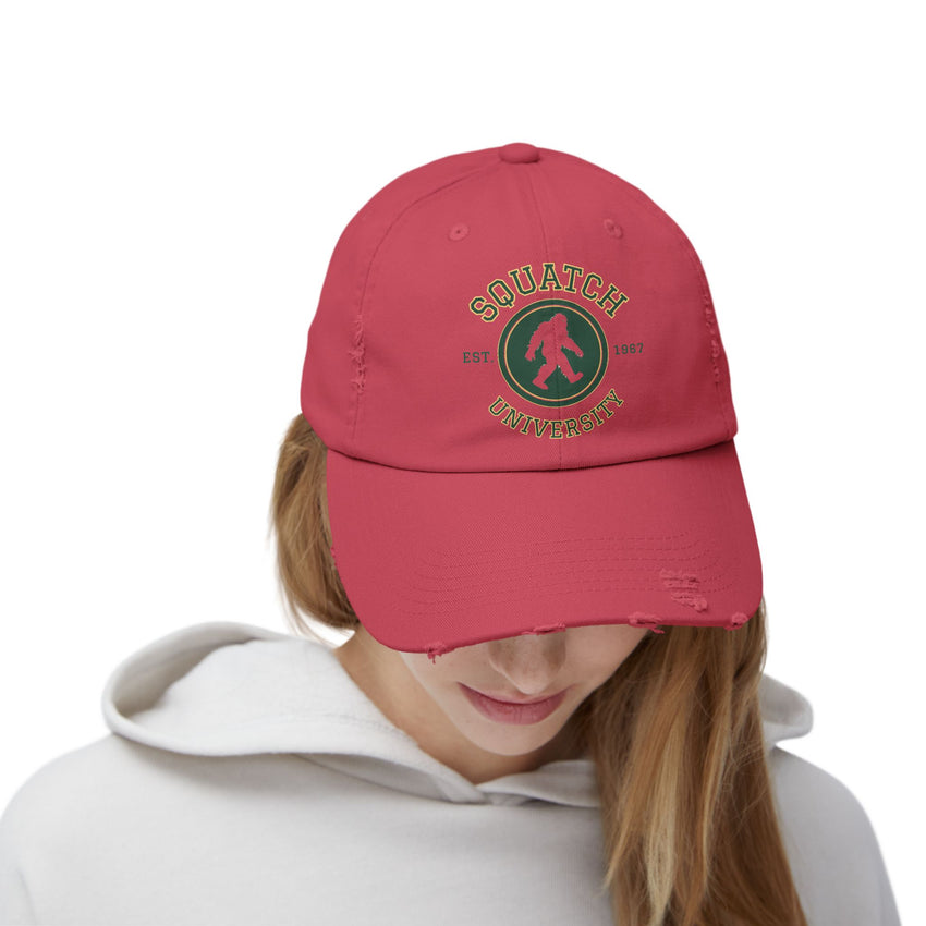 Squatch University cap | Sasquatch logo distressed hat, Bigfoot college emblem cap