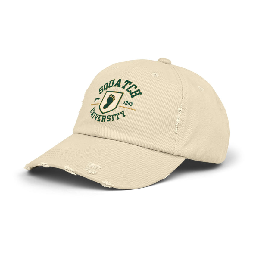 Squatch University cap | distressed dad hat, Bigfoot foot emblem