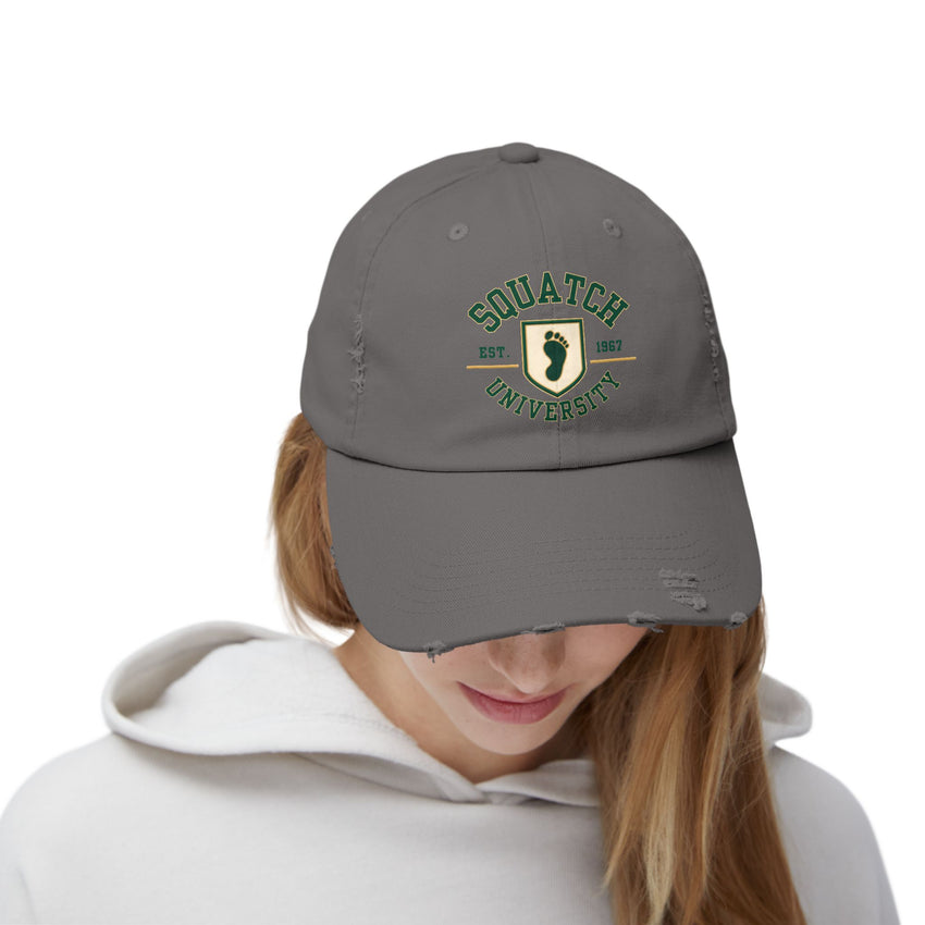 Squatch University cap | distressed dad hat, Bigfoot foot emblem