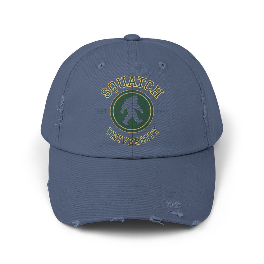 Squatch University cap | Sasquatch logo distressed hat, Bigfoot college emblem cap