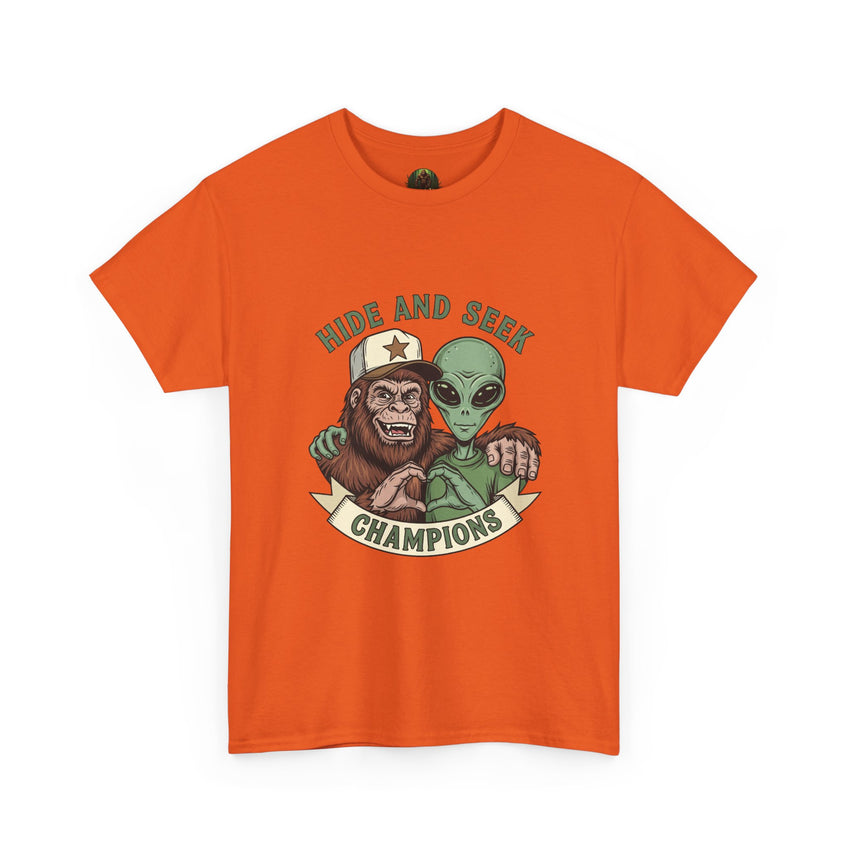 Hide and Seek Champions , Alien and Sasquatch tshirt