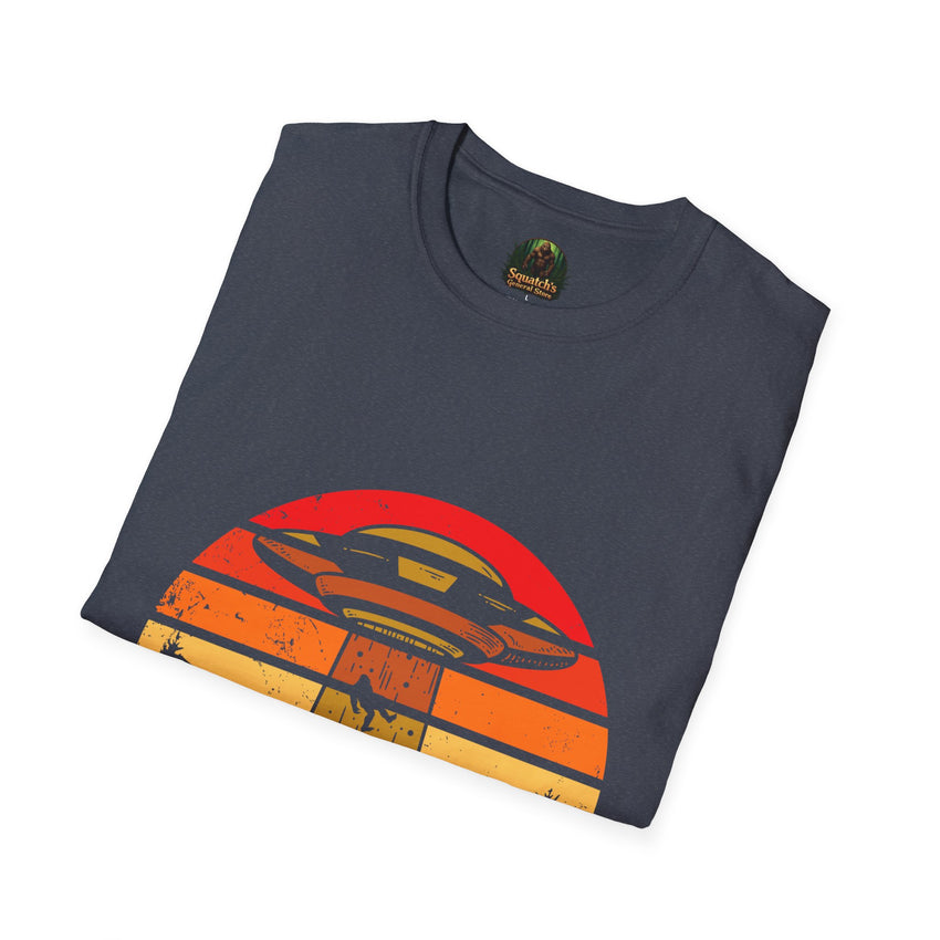 UFO Abduction Sunset T-Shirt | Retro Alien Spaceship Forest Silhouette