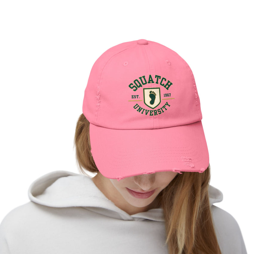 Squatch University cap | distressed dad hat, Bigfoot foot emblem