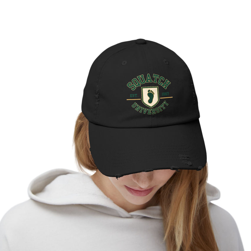 Squatch University cap | distressed dad hat, Bigfoot foot emblem