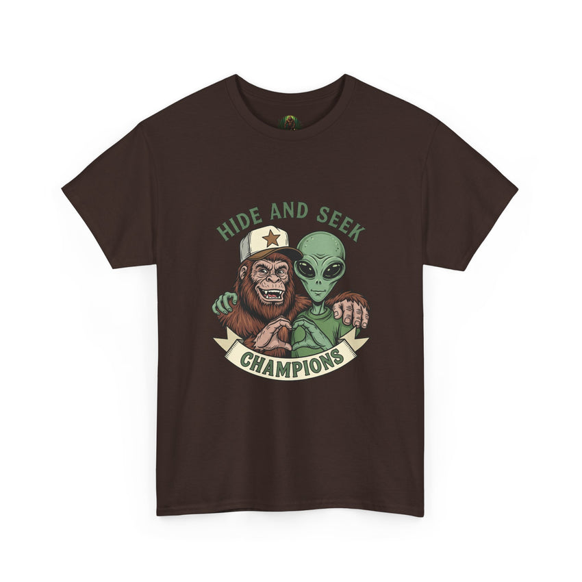 Hide and Seek Champions , Alien and Sasquatch tshirt