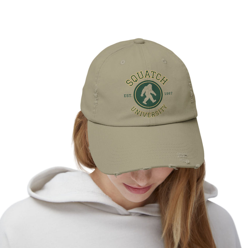 Squatch University cap | Sasquatch logo distressed hat, Bigfoot college emblem cap