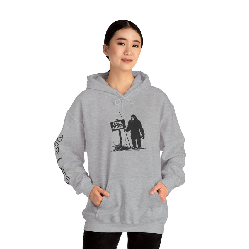 Gone Fishin' Bigfoot Hoodie - Unisex Heavy Blend™ Sweatshirt for Nature Lovers