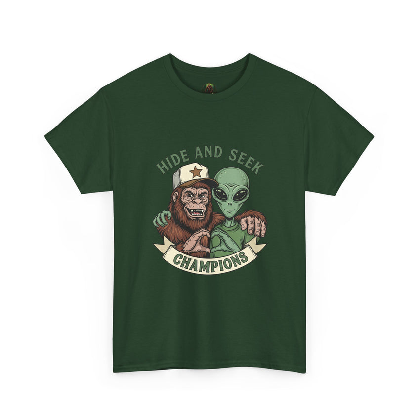 Hide and Seek Champions , Alien and Sasquatch tshirt