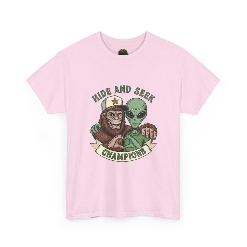 Hide and Seek Champions , Alien and Sasquatch tshirt