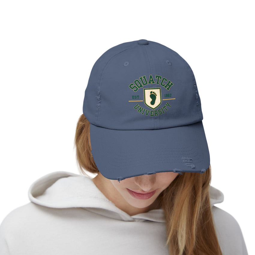 Squatch University cap | distressed dad hat, Bigfoot foot emblem