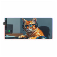 Gamer Cat Wearing Headset LED Gaming Mouse Pad | RGB Desk Mat