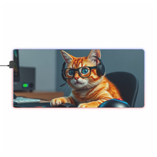 Gamer Cat Wearing Headset LED Gaming Mouse Pad | RGB Desk Mat