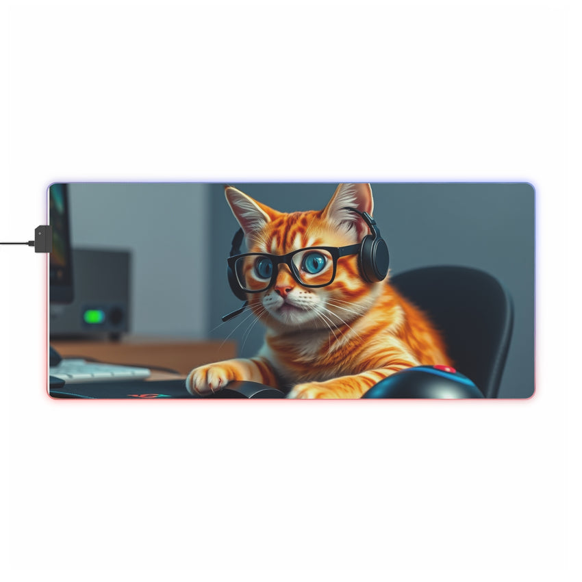 Gamer Cat Wearing Headset LED Gaming Mouse Pad | RGB Desk Mat