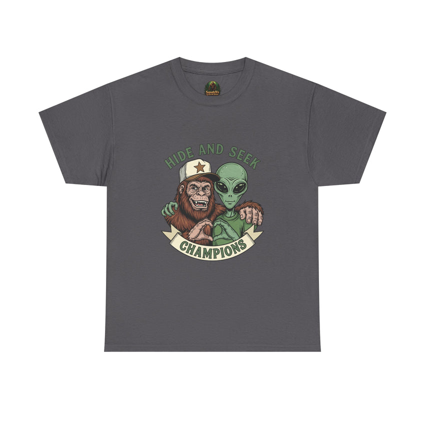 Hide and Seek Champions , Alien and Sasquatch tshirt