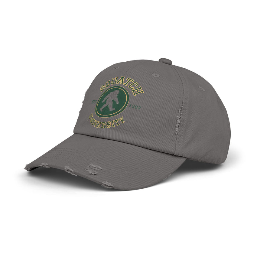 Squatch University cap | Sasquatch logo distressed hat, Bigfoot college emblem cap