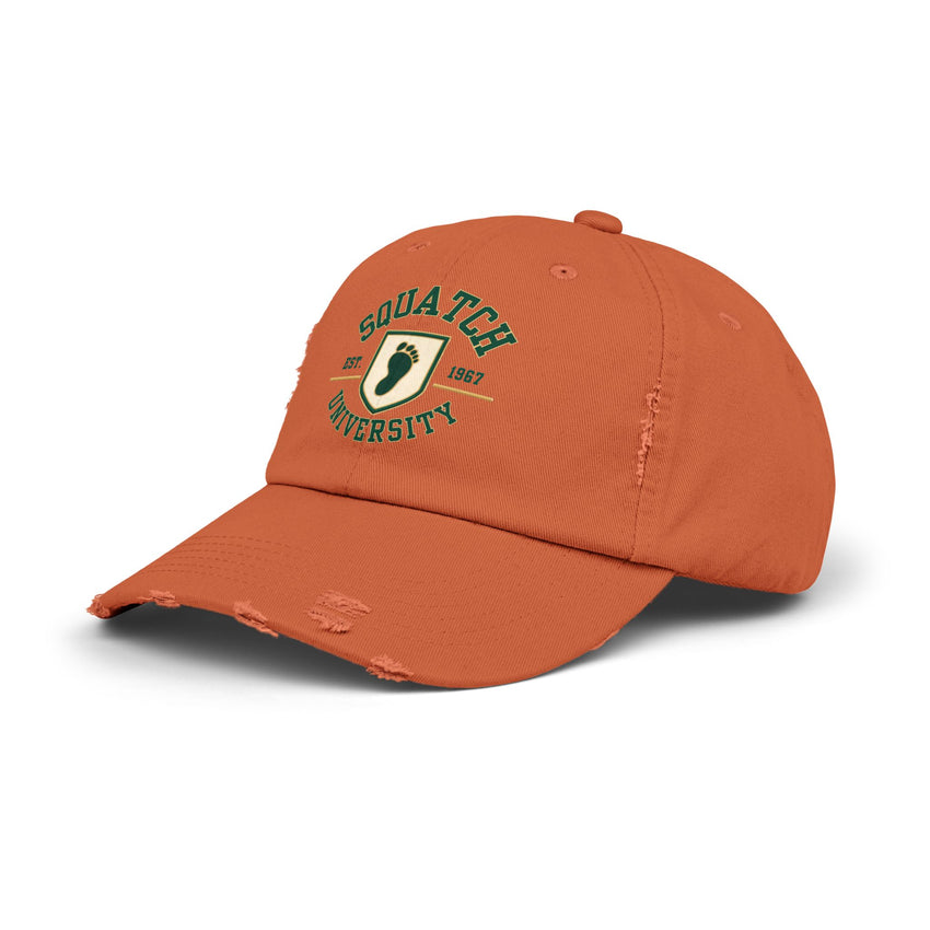 Squatch University cap | distressed dad hat, Bigfoot foot emblem