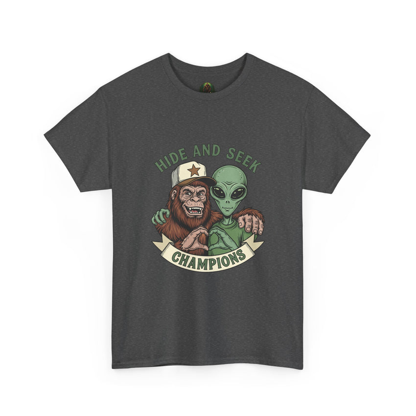 Hide and Seek Champions , Alien and Sasquatch tshirt