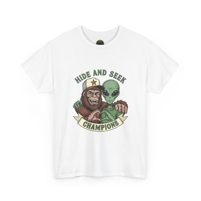 Hide and Seek Champions , Alien and Sasquatch tshirt