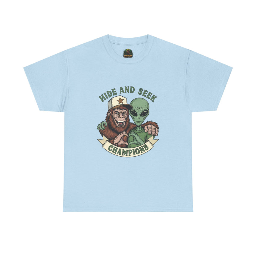 Hide and Seek Champions , Alien and Sasquatch tshirt